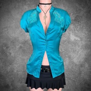 Vintage Cass Teal Blue Satin Embroidered Button Front Cap Sleeve Blouse